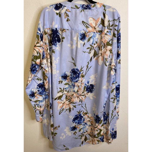 Roamans BLUE Floral Pintuck Button Front Tunic Top Size 22W Long Sleeve Tropical - Picture 4 of 4